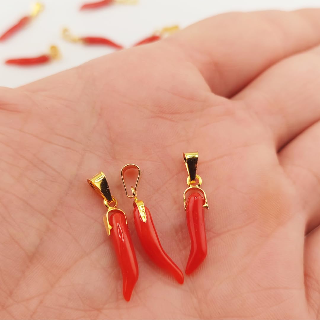 gioiellitaly Ciondolo Cornetto piccolo portafortuna in corallo rosso del Mediterraneo e argento 925 dorato ciondolo uomo donna unisex corallo vero
