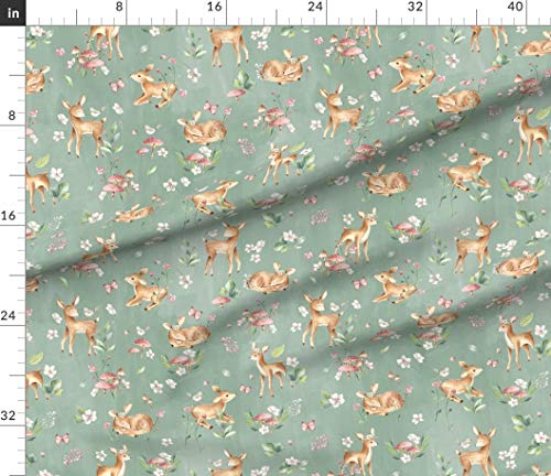 Spoonflower FI-F86-D7306866-FQ Fabric - Large Deer Flowers Green Woodland Forest Nursery Fawn Animal Printed thumb #1