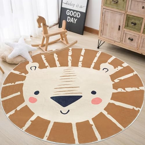Image of ABREEZE Large Round Kids Play Mat 5.3ft,Lion Nursery Rug Fluffy Faux Wool Kids Rug Soft Plush Non-Slip Childrens Carpet for Bedroom Living Room Playroom,Brown