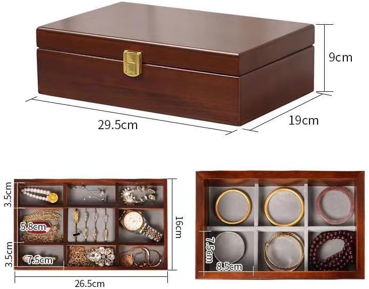 Miniatura 3 de Joyero de madera maciza para mujer, caja organizadora grande de 2 capas con espejo para anillos, aretes, collares, madera de estilo vintage