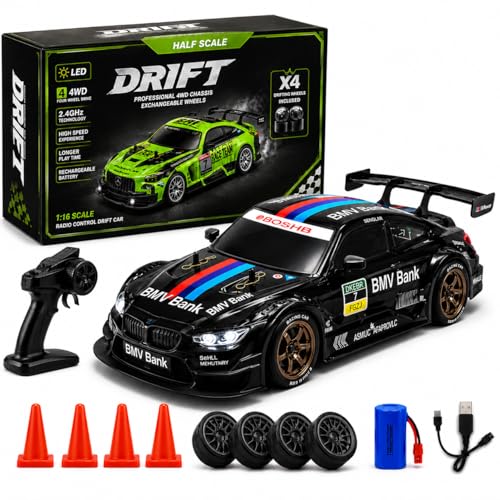 Image of BMW Style 1:16 or 1 16 RC Drift Car, 2.4GHz Remote Control Racing Car, 4WD High Speed with LED Lights, Proportional Throttle, Extra Drift Wheels for Kids (Black)