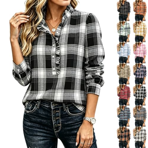 Long Sleeve Blouses for Women Ruffle Plaid Shirt Dressy Casual Boho Shirt | Boho, Plus Size, Long Sleeve, Button Down Shirts, Collared, Flower, Loose, Christmas, Travel Clothes, Loungewear - image 1