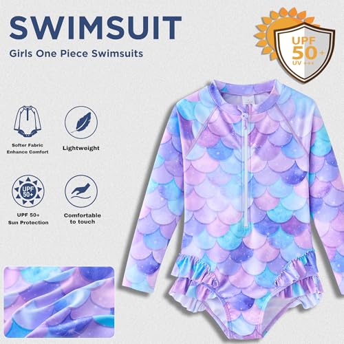 Image of UMELOK Girls Long Sleeve Rash Guard One Piece Swimsuits UPF 50+ Ruffle Zipper Bathing Suit 4-10 Years