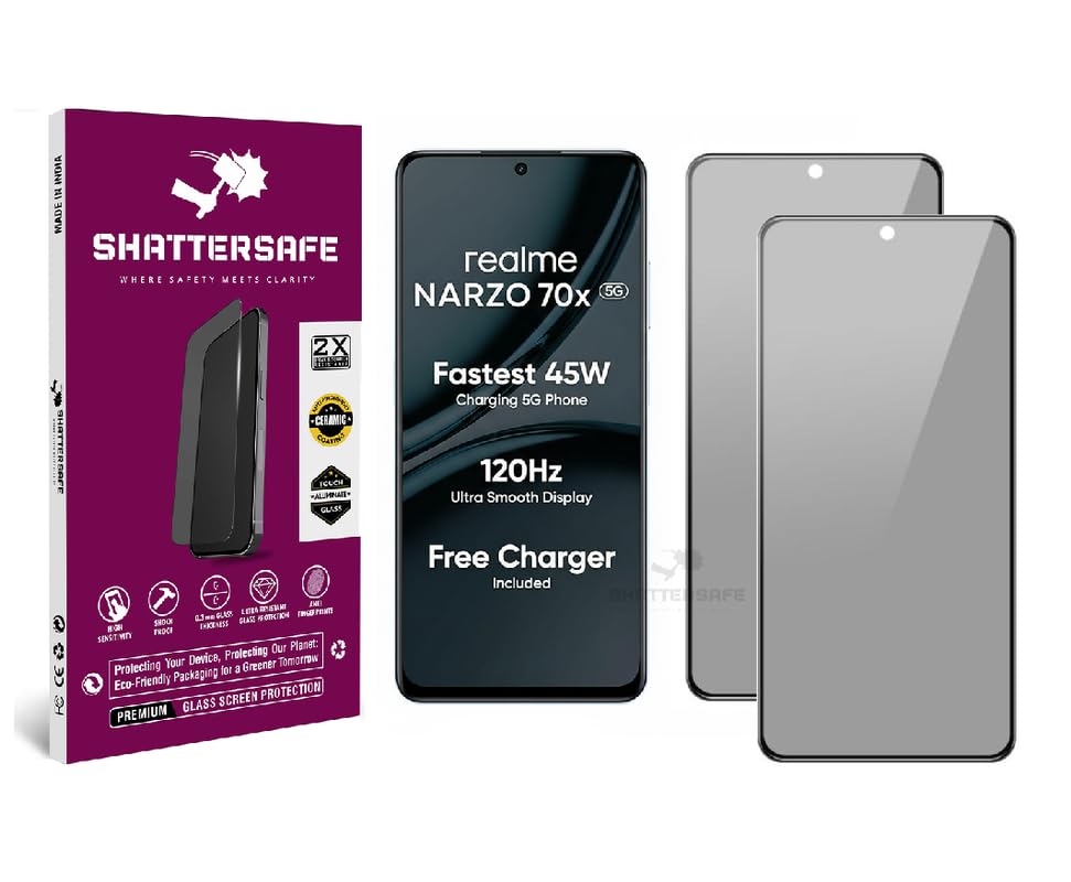 Image of Anti-Spy Privacy Tempered Glass Compatible For Realme Narzo 70x 5G [Pack of 2]. 9H Hardness, Anti-Scratch, Edge-to-Edge Protection With Easy Installation Kit & Case Friendly Fit.