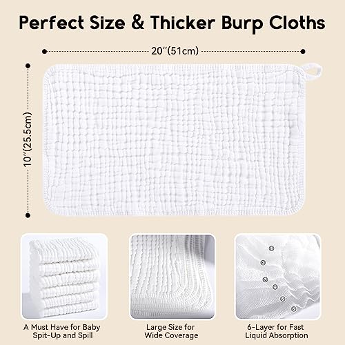 muslin burp cloths for baby 100 cotton burping cloths for boys girls large 203939x103939 extra soft and absorbent 12 pack - white