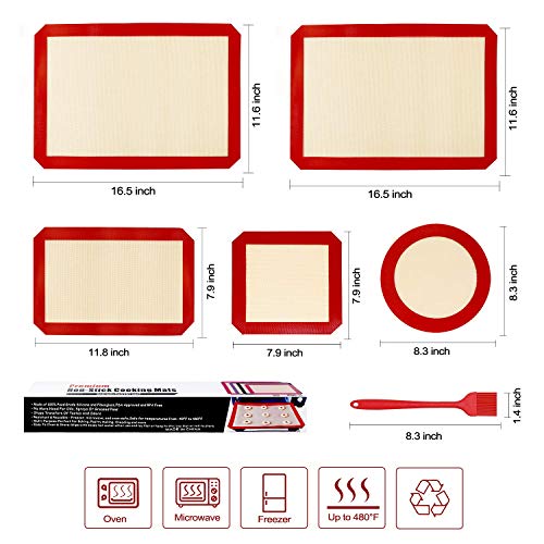 5PCS Silicone Baking Mats, 2 Half Sheets Mats + 1 Quarter Sheet Liner + 1 Round + 1 Square Cake Pan Mat & Silicone Baking Brush- 100% Food Safe Silicone & Non-Stick,For Baking Cake Cookie - Thumbnail 5