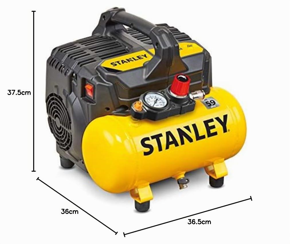 Stanley Compresor Aire DN200/8/6 - Inflador Ruedas Coche 8 Bar - Compresor de Aire Portatil 6L - Compresor de Succión sin Aceite 105L/Min - Con Asa y Pies Antideslizantes