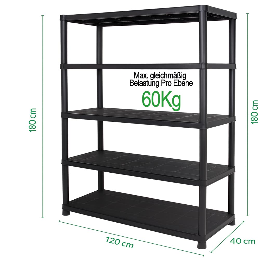 Ondis24 Kunststoffregal anthrazit 120 x 40 x 180 cm – Schwerlast Steckregal mit 5 Böden, 60 kg pro Ebene – Lagerregal, Kellerregal, Werkstattregal, Aufbewahrungsregal für Garage & Vorratsraum