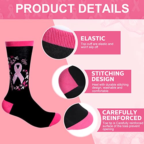 10 Pairs Breast Cancer Awareness Pink Ribbon Crew Socks for Women, Pink Ribbon Sports Socks for Cancer Gifts3