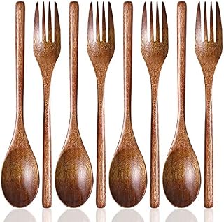 Set of 8, Wood Soup Spoons and Forks, SourceTon Wooden Ladle Spoon and Fork Set for Party, Banquet, Buffet, Catering, Daily Life- 9 Inch
