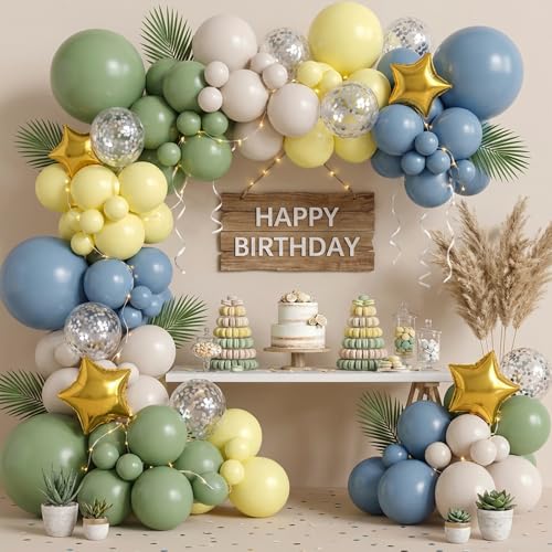 Image of RUBFAC Sage Green Dusty Blue Yellow Balloons, Party Balloon Pastel Yellow for Theme Baby Shower Decorations Birthday Wedding Party Supplies, 65pcs 12 Inches