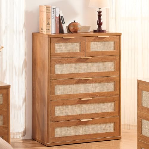 Image of LEYAOYAO Rattan Dresser for Bedroom Set of 2, 41 inch Tall Chest of Drawers, Modern 6 Drawers Boho Dressers with Storage, Vintage Brown Dresser Wooden Closet Organizer for Living Room, Hallway
