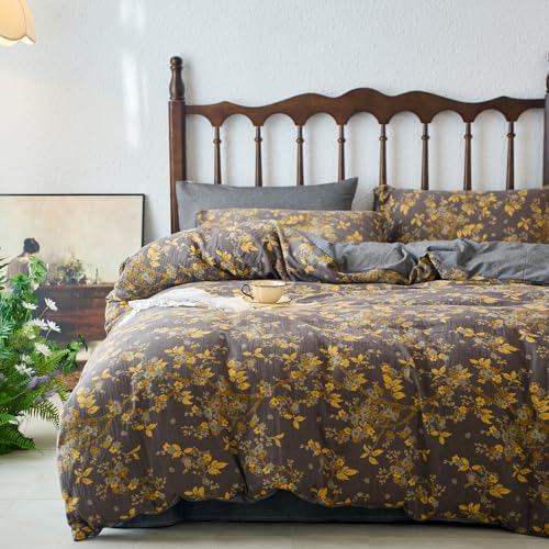 mixinni Vintage Floral Duvet Cover Queen Set - Gold Jacquard & Grey Reversible, 100% Yarn-Dyed Double-Layer Cotton, Breathable & Luxurious Farmhouse Bedding (3-Piece, Includes 2 Pillowcases)