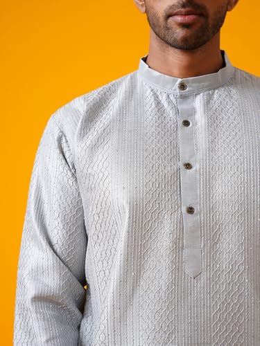 Image of SOJANYA (Since 1958 Men's Silk Bend Krochet Thread Embroidered Kurta with White Pyjama