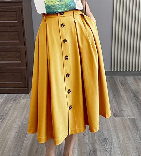 HERBATOMIA Midi Skirt Elastic Waist Button Front Casual Flared Long Skirts with Pocket for Women - Image 6