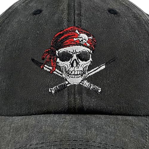 Image of Pirate Skull Embroidered Washed Hat Vintage Cotton Baseball Cap