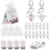 Tamaño pequeño del colgante de ángel: colgante de perlas de ángel plateado con alas de ángel plateadas y perlas rosas o blancas. El colgante mide 6,5 cm de largo, la tarjeta de agradecimiento 4,5 x 8,5 cm y la bolsa de organza mide 10 x 12 cm de largo. Adecuado para bodas o bautizos, fácil de combinar.