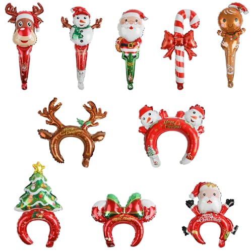 BEROZA クリスマスカチューシャ スティックバルーン バルーンカチューシャ 手に風船を持つ Xmas 装飾 アルミホイルバルーン サンタクロース ヘラジカ 10pcs