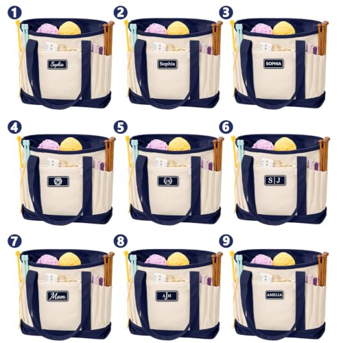 Image of Personalized Crochet Bag with Custom Leather Patch or Embroidered Name, Canvas Knitting Tote for Yarn Storage, Crochet Organizer with Multiple Pockets, Custom Gift for Crocheters & Knitters