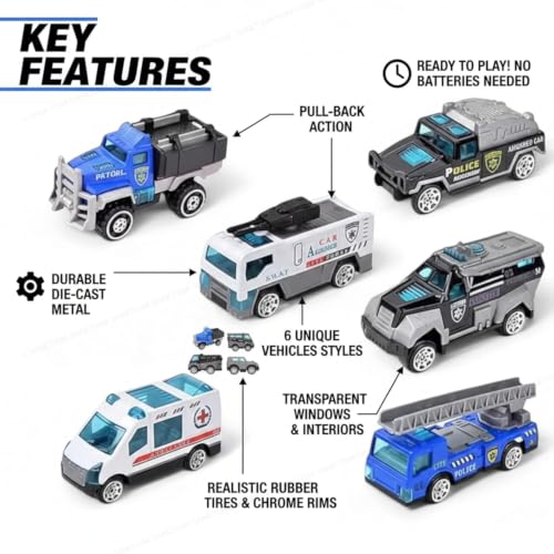 Image of City Defenders Emergency Rescue Vehicle Toy Set for Kids - 6 PCS Free Wheel Police, Fire Truck, SWAT, Armored Vehicle & Ambulance Mini Die Cast Style Toy Cars for Boys & Girls