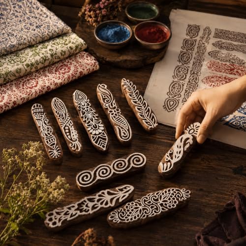 Image of Hashcart | Set of 10 | Handcarved Wooden Finger Shaped Blocks for Henna Mehendi, Wooden Blocks for Block Printing Stamps, Saree Border Clay Pottery Tattoo