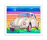 White Vintage Vw Volkswagen Bug Beetle- Danny Phillips art print, UNFRAMED, Retro coastal beach nautical mixed media art wall & home decor poster, 8x10 inches