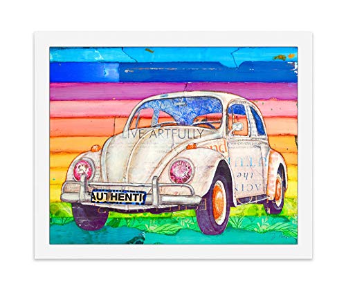White Vintage Classic Car, Danny Phillips Art Print, Unframed, Retro Coastal Beach Nautical Mixed Media Art Wall and Home Decor Poster, 8x10 Inches