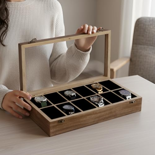 Image of Vintage Wooden Watch Box for Men, Timepiece Storage & Organizer, Watch Display Case, Jewelry Box for Women, Anniversary Gift for Husband (12 Gooves (Antique Wood))