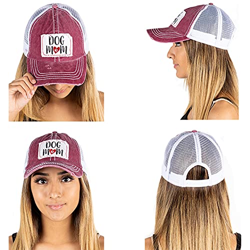 Patch Mesh Baseball Hat - Dog Mom - Burgundy #TOP1