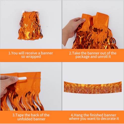 Image of BEISHIDA 3 Pack Orange Wavy Foil Fringe Garland 30ft Tinsel Wall Decor
