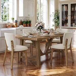 LUE BONA Linen Farmhouse Dining Chairs Set of 4, Natural Wood Leg | Comfortable Wide back with thick foam padded and Solid wood legs for dining room, kitchen or restaurant