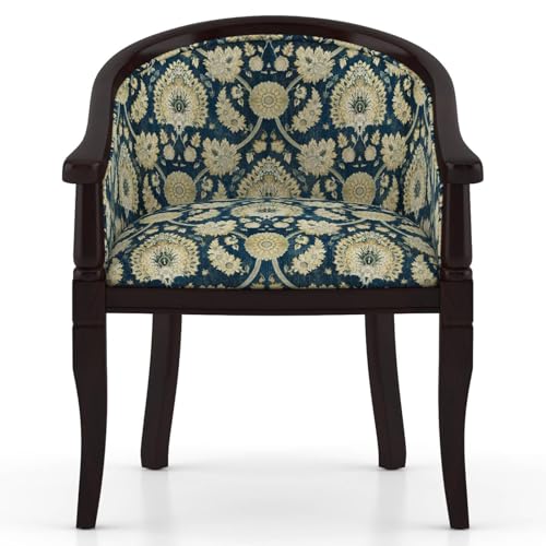 Image of Sheesham Wood Barrel Accent Chair with Floral Fabric Upholstery Mahogany Finish Handcrafted Wooden Lounge Chair with Backrest (Blue Floral)