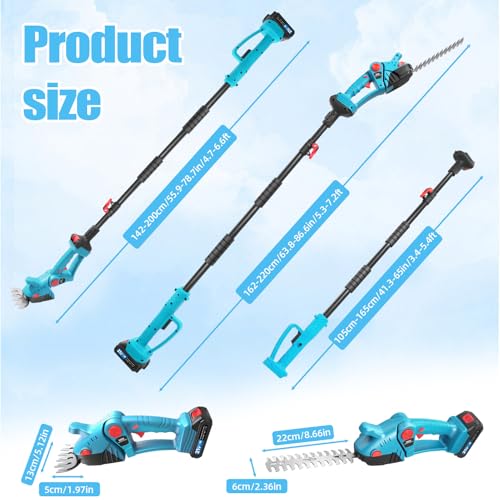 Cordless Hedge Trimmer Long Reach 2.2m Telescopic Pole, Hedge Trimmer Cordless 21V with 2X Batteries & Fast Charger, 90° Adjustable Head, 2-in-1 with Grass Shear Blade, Lightweight for Gardeners - Image 2
