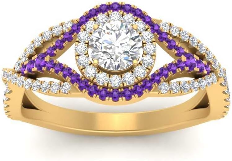 Choose Your Gemstone Intertwined Halo Round Pave Diamond CZ Ring Yellow Gold Plated Round Shape Halo Engagement Rings Minimal Modern Design Birthday Gift Wedding Gift US Size 4 to 12