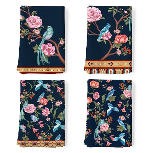 Arquiel Retro Bird Flowers 100% Cotton Kitchen Towel Set, 48 x 70CM, Multi-Purpose Quick Dry Dish Towels (Set of 4)
