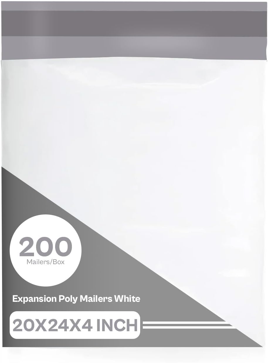 PSBM 200 PCS 20 x 24 Inch White Expansion Poly Mailer, Self Seal Expandable Gusseted Shipping Envelope, Ideal for Packing and Shipping Cloths, Documents, Books, Gifts, Jewelry and More