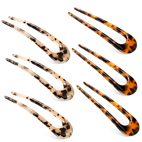 6 Pieces French Style U-shaped Hairpin Cellulose Acetate Tortoise Shell Hair Pin Fork Sticks 2 Prong Updo Chignon Pin for Women Girls Hairstyles