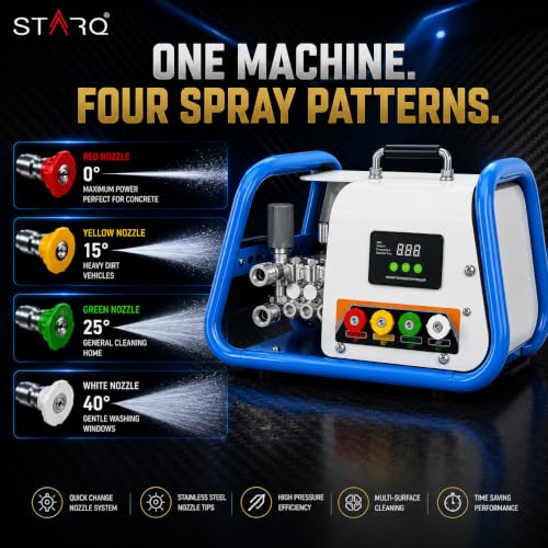 Image of STARQ STPMDC 3.6 Commercial High Pressure Washer 2700W 3.6HP PMDC Motor 230 Bar 15 LPM Digital Display 15m Steel Braided Hose with QRC 4 Nozzles for Car Bike Home Truck