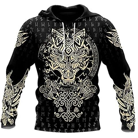 WDBAYXH Men's Viking Fenrir Wolf of Odin 3D Print Full Zip Hoodie Pullover, Norse Mythology Celtic Pagan Big Pockets Long Sleeve Vintage Sweatshirt, Autumn Gifts,Pullover,2XL Cover