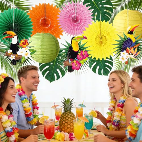 Image of Tropical Bird Toucan Garland Party for Summer Hawaiian Party Decorationns | Tropical Jungle Themed Party Decorations Rainforest Party Supplies Decor with Palm Leaves Paper Fan Paper Lanterns