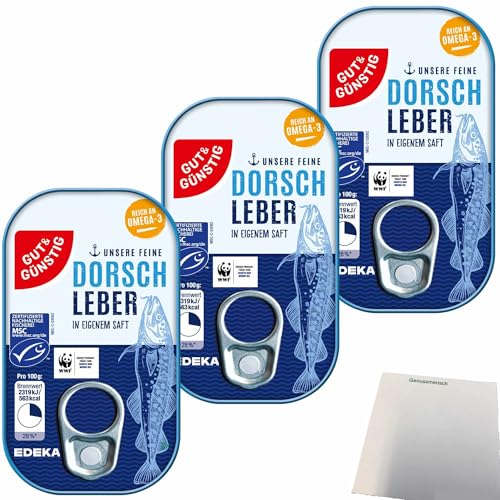 Gut&Günstig Dorschleber reich an Omega-3-Fettsäuren 3er Pack (3x121g Dose) + usy Block