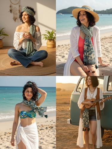 Image of KE KANHA EXPORTS Scarf for Women Premium Cotton Boho | Dual Tone Border Print Stole with Tassels | Lightweight Summer Beach Wrap 180 x 50 cm FREE Scrunchie Included