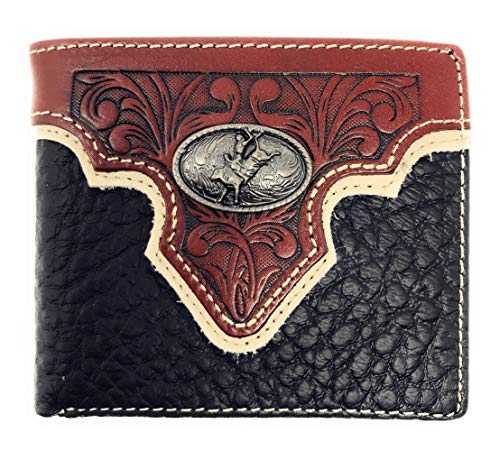 Western Genuine Leather Floral Tooled Rodeo Concho Mens Short Bifold Wallet in 2 colors (Black)