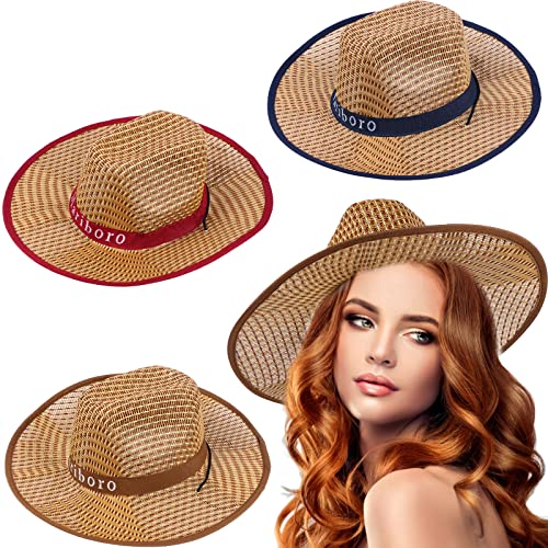 3Pcs Straw Cowboy Hats Western Outback Cowboy Hat Cowgirl Straw Hats, Men Women Sun Party Hat, Wide Brim Summer Hat With Wind Lanyard Brown #TOP7