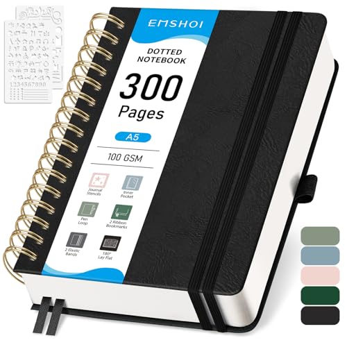 EMSHOI A5 Dotted Notebook, Spiral Notepad 150 Sheets/300 Pages, 100gsm, HardCover, Stencils, Pocket, Pen Loop, Ruler, Bookmark, Bullet Dot Grid Journal for Women Men Writing, 14.5 x 21cm, Black