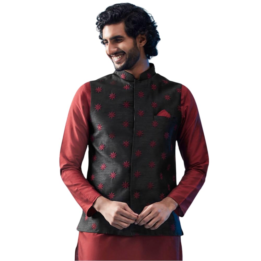 kisah Men's Nehru Jacket, Black Cotton Blend, Embellished Mandarin Collar Regular Fit Sleeveless-picture-24
