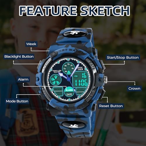 Image of Dayllon Boys Watch,Kids Watch for 5-15 Year Old Boys,Digital Sport Outdoor Multi Function Waterproof with LED Alarm Calendar Analog Watch for Kids Gifts