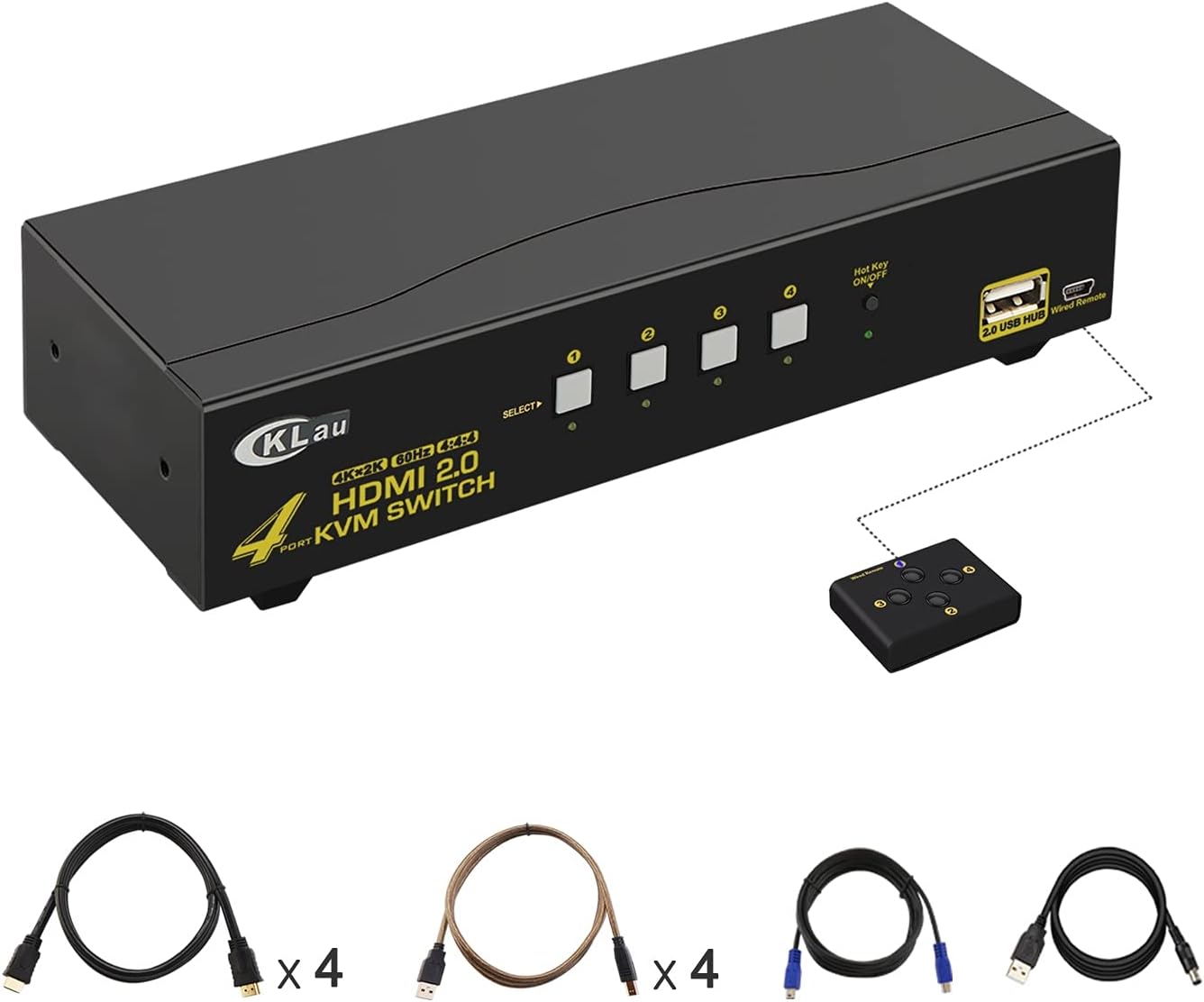 CKLau 4090x2060@60Hz 4:4:4 Ultra HD 4 Port HDMI KVM Switch with Cables Support HDMI 2.0, HDCP 2.2, HDR 10, EDID