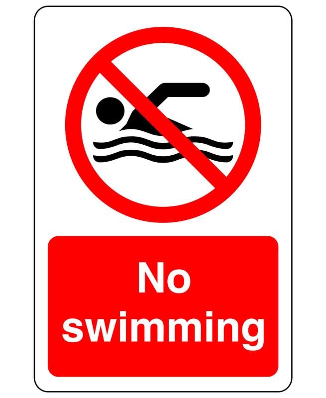 No swimming safety sign - No swimming, No diving, No Sailing, Deep Water, eating & drinking - High tack self-adhesive sticker (600mm x 400mm) Viewing Distance within 20m.