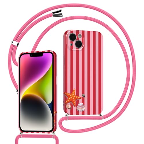 ZhuoFan Etui ze smyczą na iPhone'a 15 silikonowe etui ochronne dziewczyny letnie paski wzór w paski ocean uroczy design odporny na wstrząsy futerał ochronny regulowany naszyjnik na telefon komórkowy